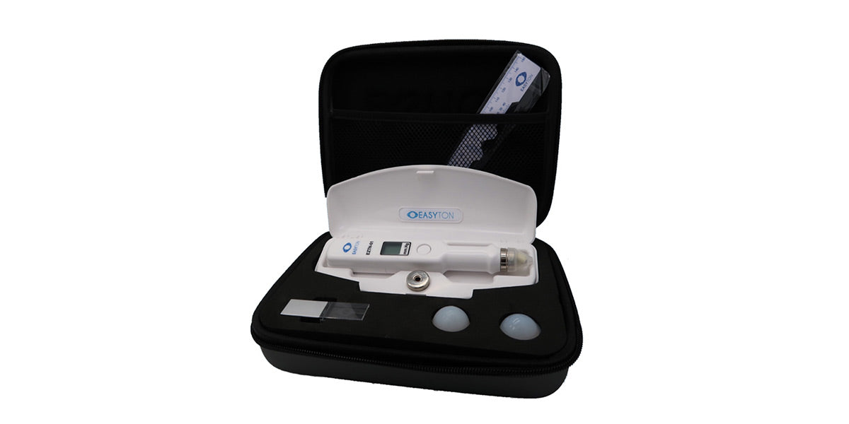 Transpalpebral Digital Tonometer WITH CASE ON A WHITE BACKGROUND